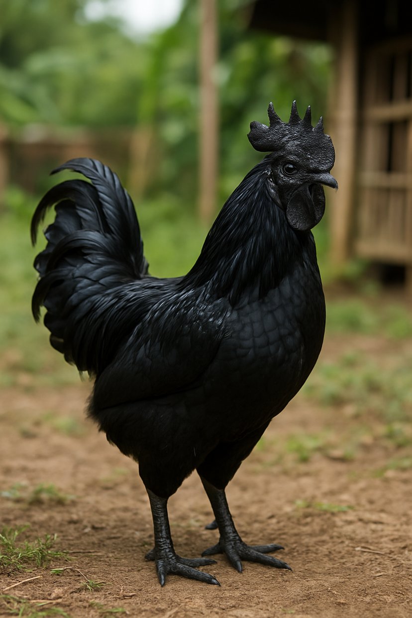 Ayam Cemani dengan warna hitam pekat di seluruh tubuhnya