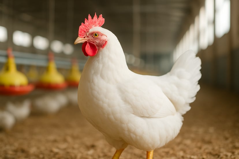 Ayam White Leghorn di peternakan komersial dengan bulu putih bersih dan jengger merah cerah
