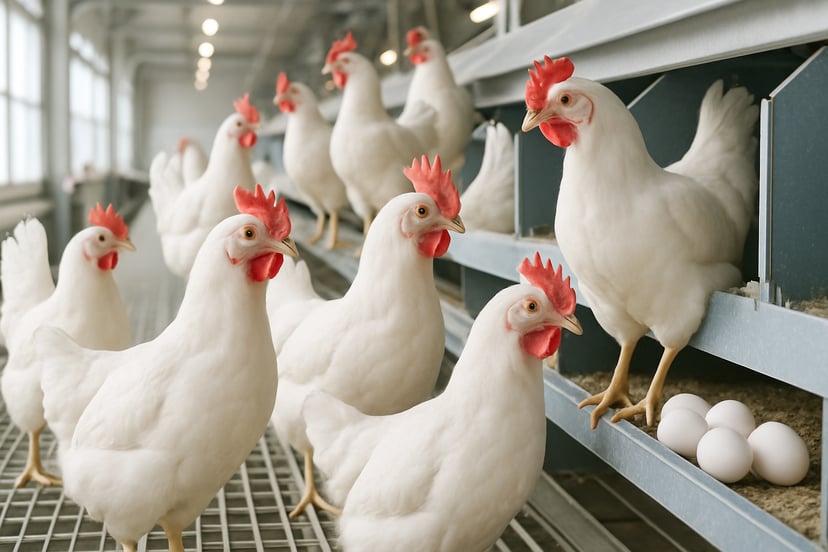 Ayam White Leghorn di kandang modern dengan telur putih berkualitas